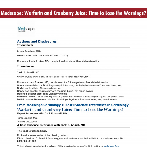 Medscape: Warfarin and Cranberry Juice: Time to Lose the Warnings?